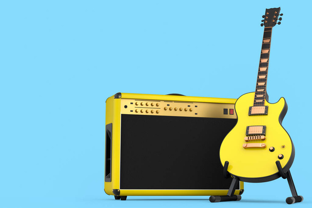 Classical amplifier with electric or acoustic guitar on stand isolated on blue background. 3d render of amplifier for recording bass guitar in studio or rehearsal room, concept for rock festival poste - Zdjęcie, obraz