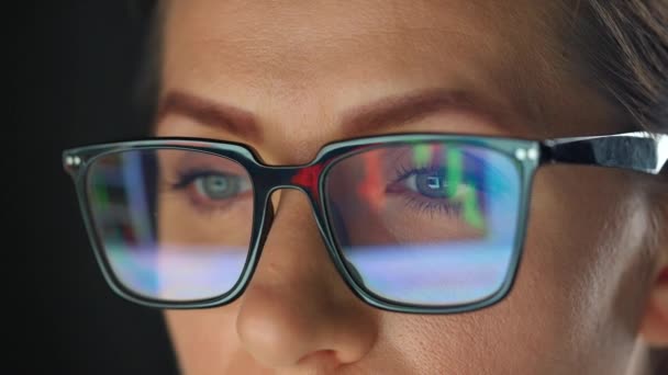 Een vrouw met een bril die op de monitor kijkt en werkt met grafieken en analyses. Het beeldscherm wordt gereflecteerd in de bril. Werk 's nachts. Extreme close-up. - Video