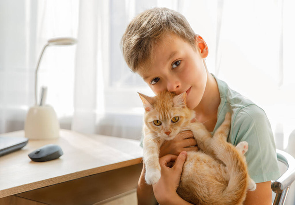 Chłopiec i zwierzak w domu. Dzieciak przytula rudego kota siedząc w domu. Domowe zwierzęta i dzieci kochają i przyjaźnią. Przytulne sceny,  - Zdjęcie, obraz