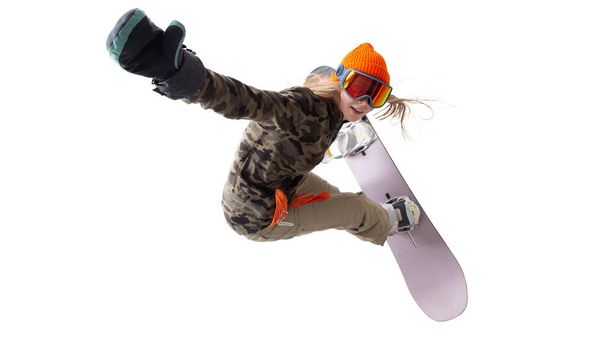 Snowboarder κορίτσι απομονωμένο σε λευκό - Φωτογραφία, εικόνα