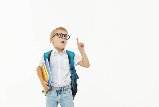 Back to school. Funny little boy from elementary school with a book, a backpack and glasses on a white background. Laughs merrily. Preparation for school. Concept of early development - Photo, Image