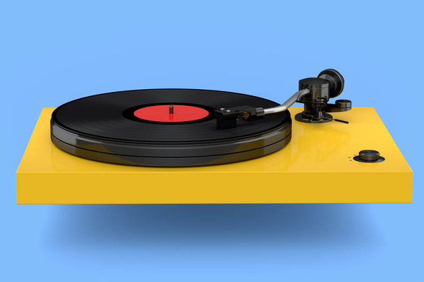 Vinyl record player or DJ turntable with retro vinyl disk on blue background. 3d render of sound equipment and concept for sound entertainment. - Foto, imagen