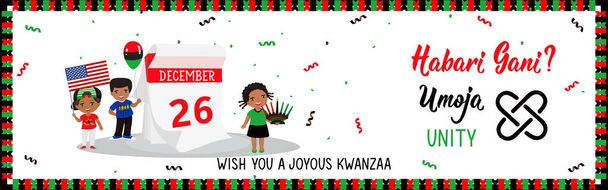 Otázky ve svahilštině: Jak se máš? Tradiční pozdravy během Kwanzaa. Umoja znamená Jednota. Gratuluji k prvnímu dni Kwanzaa. Africké americké svátky - Vektor, obrázek