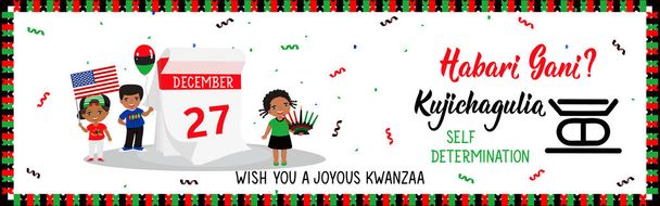 Gratuluji k druhému dni Kwanzaa. Otázky ve svahilštině: Jak se máš? Kujichagulia znamená sebeurčení. Gratuluji k druhému dni Kwanzaa. Banner afroamerických svátků - Vektor, obrázek