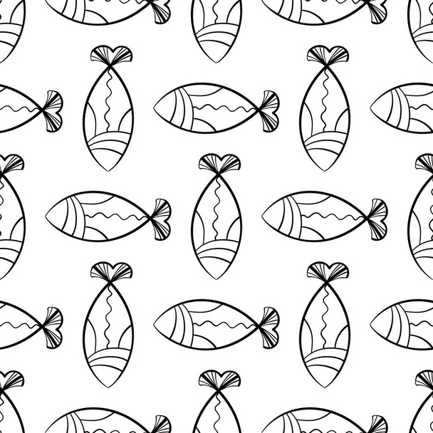 Χειροποίητα ψάρια χωρίς ραφή μοτίβο. Σκιασμένο φόντο των ψαριών, doodle θάλασσα κεραμίδι, σχέδιο σύμβολα αλιείας, ωκεανός ψάρια διάνυσμα εικονογράφηση - Διάνυσμα, εικόνα