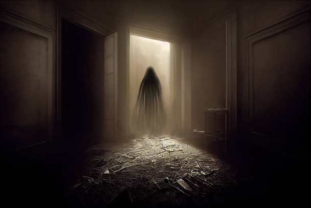 Σκοτεινή φιγούρα φάντασμα σε μια πόρτα σε εγκαταλελειμμένο δωμάτιο, ανατριχιαστικό στοιχειωμένο εσωτερικό σπιτιού, ερείπια στο πάτωμα. Sepia τονισμένο, 3D ψηφιακή απεικόνιση - Φωτογραφία, εικόνα