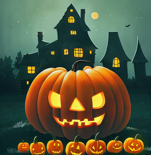 Halloween pumpkins of different sizes with spooky faces smiling in front of haunted house at night. Digital illustration - Photo, Image
