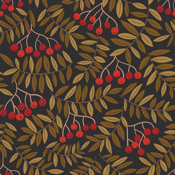Colorful Fall Linocut Rowan Tree Foliage and Berries Vector Seamless Pattern. Autumn Wilderness Graphic Print - Vecteur, image