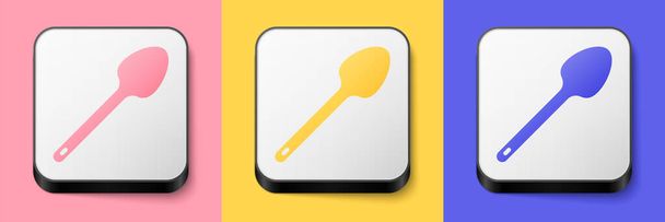 Izometrikus Teaspoon ikon elszigetelt rózsaszín, sárga és kék háttérrel. Főzőeszköz. Evőeszköz jel. Négyzet gomb. Vektor. - Vektor, kép