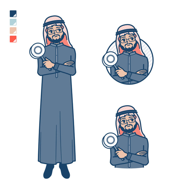 A arabian middle man in Black costume with Think about the answer images.It's vector art so it's easy to edit. - Вектор, зображення