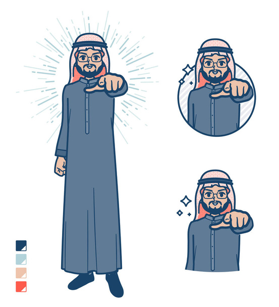 A arabian middle man in Black costume with Pointing to the front images.It's vector art so it's easy to edit. - Вектор,изображение