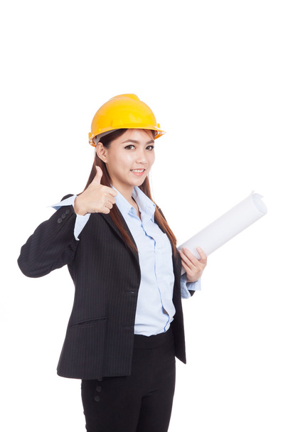Asian engineer woman thumbs up with blueprints - Фото, изображение