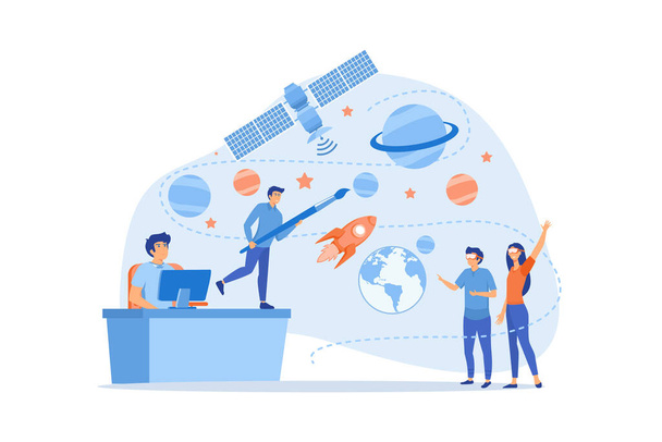 VR space exploration, virtual reality cosmos travel. Virtual world development, simulated environment experiences, virtual worlds design concept. flat vector modern illustration - Vector, Image