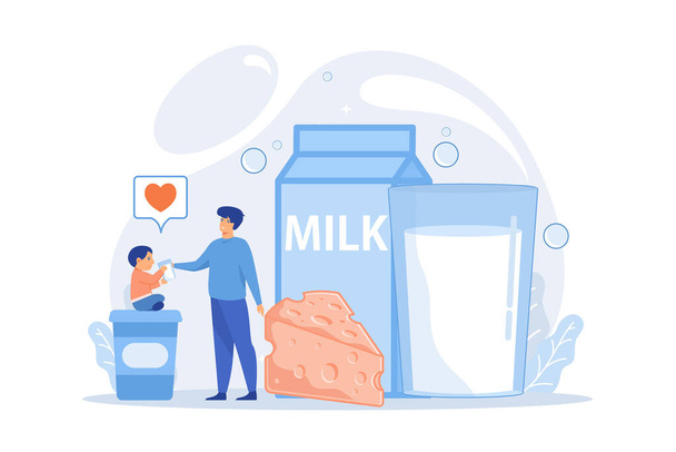 Γαλακτοκομικά, τυριά, γιαούρτι και το παιδί θέλει γάλα, μικροσκοπικούς ανθρώπους. Γαλακτοκομικά προϊόντα, διατροφή με βάση το γάλα, παραγωγή γαλακτοκομικών προϊόντων έννοια. επίπεδο διάνυσμα σύγχρονη απεικόνιση - Διάνυσμα, εικόνα