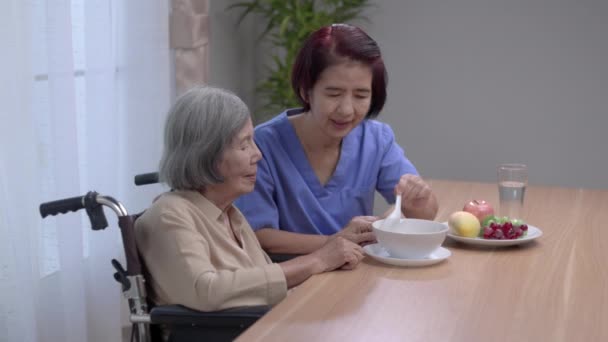 Cuidador alimentando idosos asiático mulher com sopa. - Filmagem, Vídeo