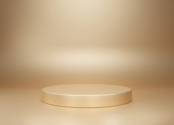 Ouro pódio cor 3D fundo com formas geométricas círculo, pedestal em um andar parede curvada a plataforma para apresentação do produto estilo mínimo, espaço de cópia, renderização - Foto, Imagem