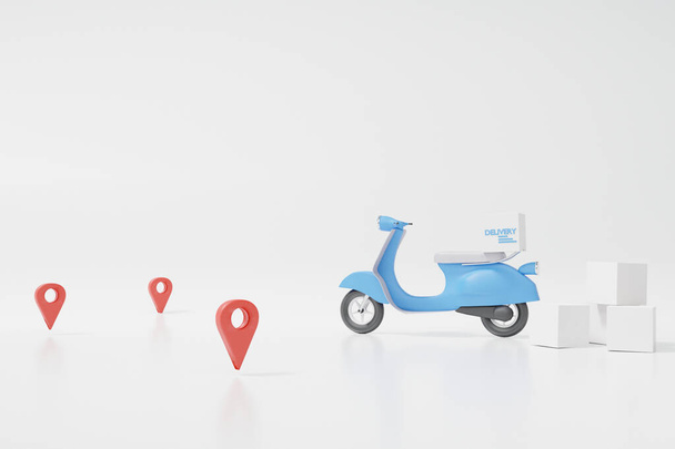 Delivery motorcycle scooter fast speed concept. on Model road home and office shipping. pointer map service express trunking on white background. copy space for text, banner, 3D rendering - Фото, изображение