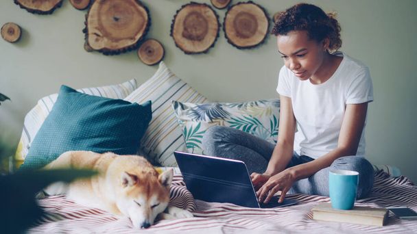 Young woman is using laptop shopping online typing and looking at computer screen while adorable puppy is lying near her on bed in modern apartment. Internet and youth concept. - Fotó, kép
