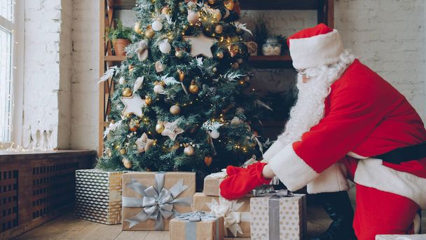 Santa Claus in traditional outfit is putting gifts under Christmas tree on holiday at home, room is beautifully decorated. Occasions and presents concept. - Foto, Imagen
