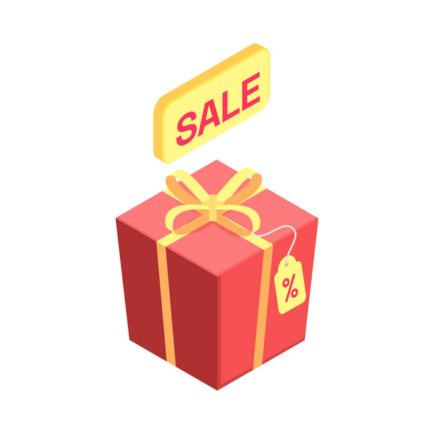 Icône isométrique de vente d'achats en ligne de commerce électronique avec l'illustration vectorielle 3d de boîte-cadeau - Vecteur, image