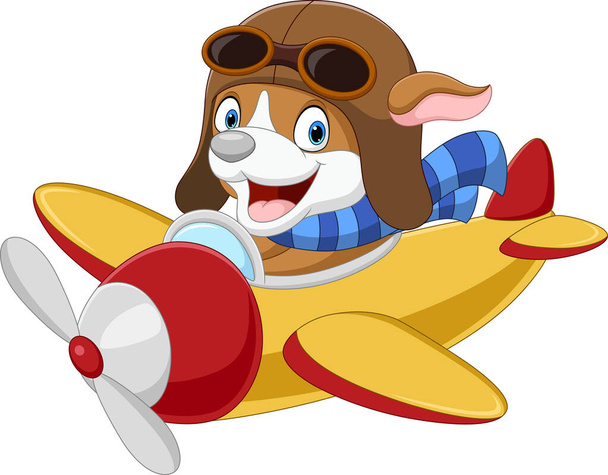 Векторная иллюстрация мультяшной собачки, управляющей самолетом - Вектор,изображение