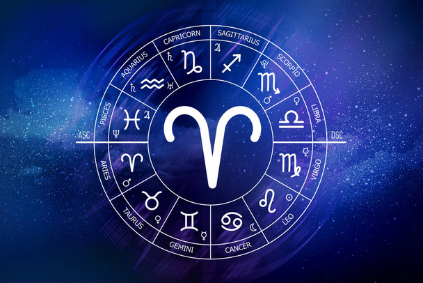 Aries zodiac sign. Abstract night sky background. Aries icon on blue space background. Zodiac circle on a dark blue background of the space. Astrology. Cosmogram. twelve signs of the zodiac - Photo, Image