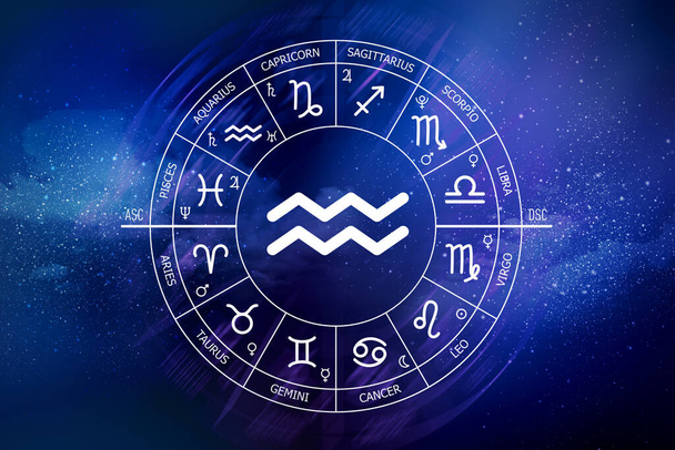 Aquarius zodiac sign. Aquarius icon on blue space background. Zodiac circle on a dark blue background of the space. Astrology. Cosmogram. twelve signs of the zodiac - Photo, Image