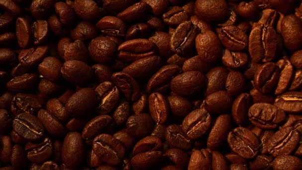 コーヒー豆が近くに落ちます,黒の背景にコーヒーとスローモーションビデオ,暖かく、黄色の光. - 映像、動画