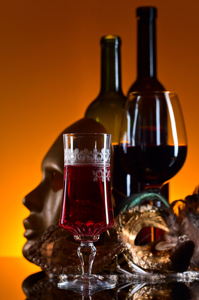  Venetian masks and red wine - Photo, Image
