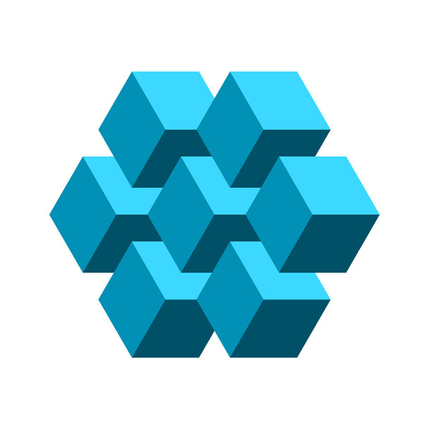Diamond shaped object made of cubes. 3D Hexagon geometric shape. Mathematics concept. Isometric block figure. Logo design template. Seven elements harmony. Unity. Vector illustration, flat, clip art.  - Vecteur, image