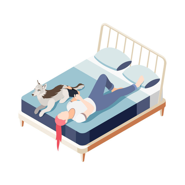 Mujer leyendo libro con su perro acostado junto a la cama 3d ilustración vector isométrico - Vector, Imagen