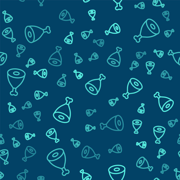 Groene lijn Kippenpoot pictogram geïsoleerd naadloos patroon op blauwe achtergrond. Kippendrumstick. Vector. - Vector, afbeelding