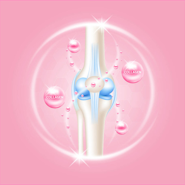 El colágeno ayuda a curar la artritis articulación de la rodilla, dolor en la pierna. Escáner de rayos X de esqueleto óseo saludable sobre fondo rosa. Utilizado para el diseño de plantillas de alimentos de productos nutricionales. Vector 3D aislado EPS10. - Vector, Imagen