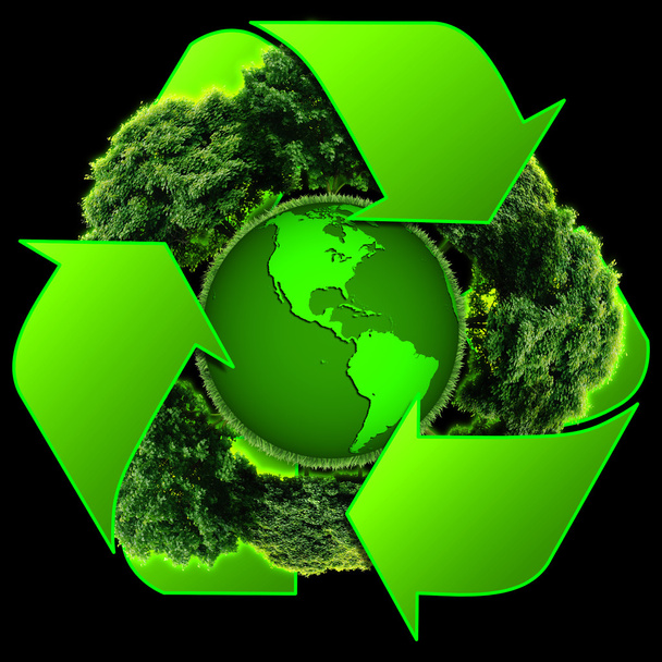 Ανακυκλώστε το λογότυπο με το δέντρο και γη. Eco κόσμο με σημεία ανακύκλωσης - Φωτογραφία, εικόνα