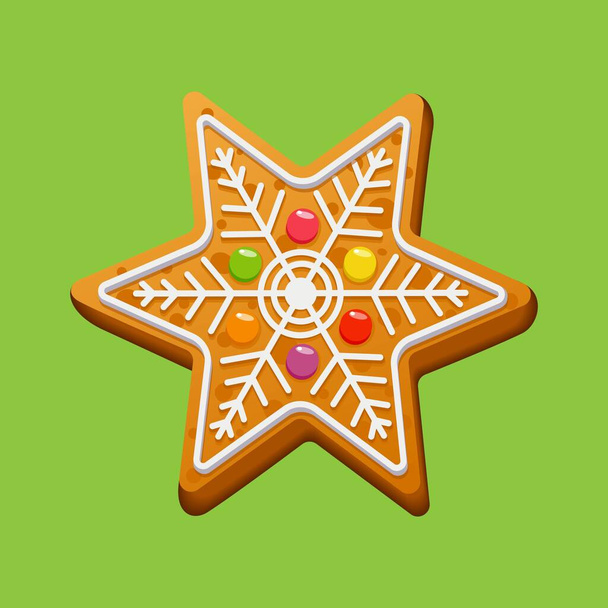 Beautiful gingerbread. Christmas gingerbread star. Homemade festive sweet cookies decorated with sugar icing and marmalade. Vector illustration. - Vector, Image