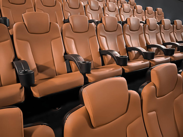 シネマとエンターテイメント、テレビ番組ストリーミングサービスと映画産業の生産ブランディングのための空の茶色の映画館の座席 - 写真・画像