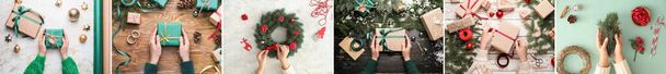 Collage weiblicher Hände, die Weihnachtskränze und Geschenke auf farbigem Hintergrund herstellen - Foto, Bild