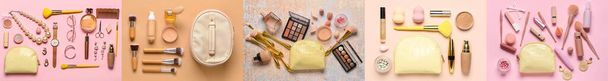Colección de bolsas de maquillaje con cosméticos decorativos y accesorios sobre fondo de color - Foto, Imagen