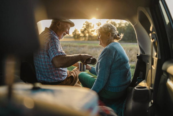 Happy senior couple sitting in car open trunk in the wild - Фото, изображение