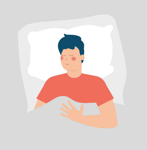 Zrelaksowany człowiek śpiący w nocy w swoim łóżku. Mężczyzna drzemie i widzi szczęśliwe sny. Bezstresowe, zdrowie psychiczne, pielęgnacja ciała, pozytywna koncepcja umysłu. Ilustracja wektora - Wektor, obraz