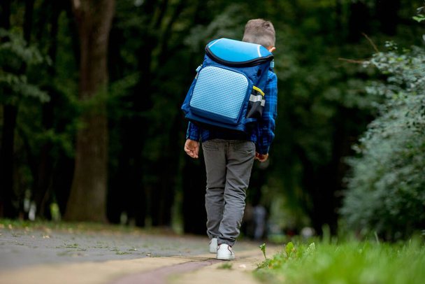 Little boy with backpack going to school. Rear view. First grader. - Foto, Imagen