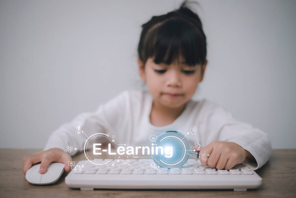 Education technology concept. Schoolgirl learning in the room. Online school. EdTech.E-learning concept - Foto, Bild
