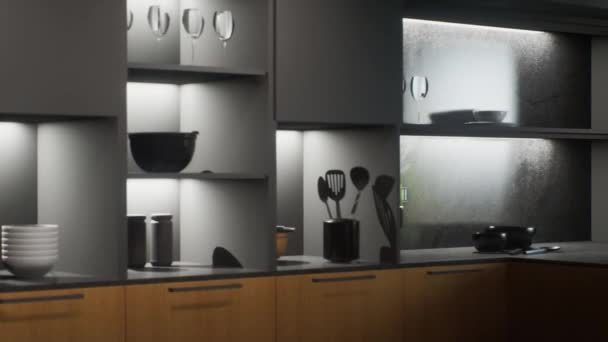Stijlvol minimalistisch keukeninterieur met keukenapparatuur, een schort en verlichte planken. 3d Animatie van het interieur van de keuken-studio in donkere kleuren. - Video