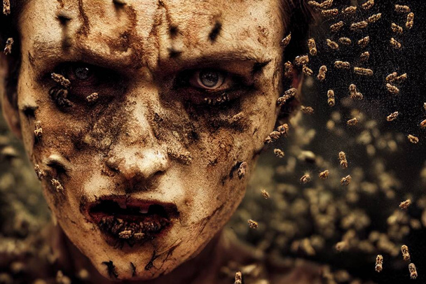 una ilustración de un zombi espeluznante con un enjambre de abejas - Foto, imagen