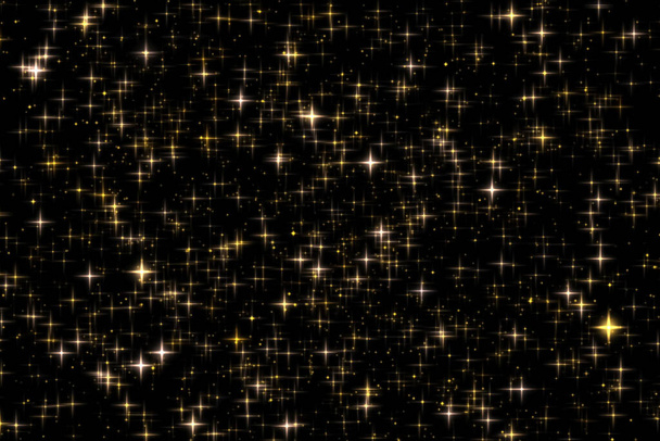 Brillo de vacaciones de oro y superposición brillante, estrellas y textura de brillo mágico sobre fondo negro, partículas de polvo de estrellas de oro para diseños de lujo y glamour - Foto, Imagen