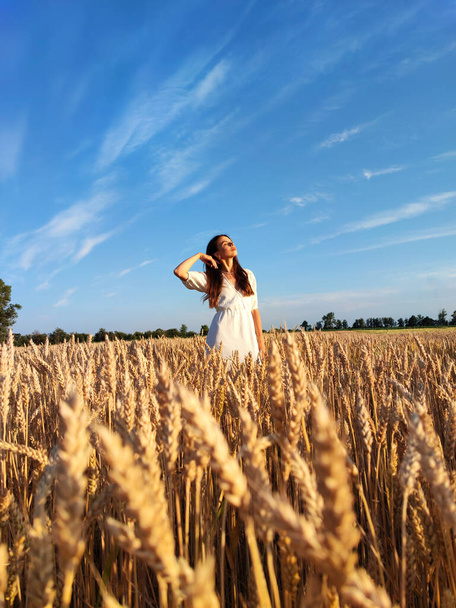 A girl walks gracefully between barley and wheat in Ukraine. Enjoys beauty of Ukrainian nature - Valokuva, kuva