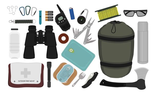 Set of survival camping equipment - Вектор,изображение