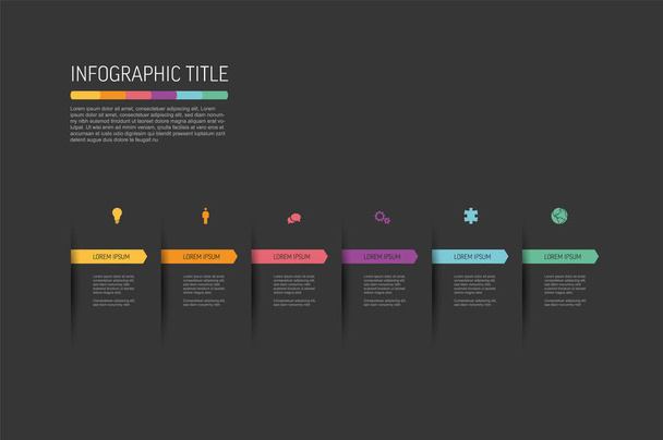 Темні багатоцільові Шість елементів інфографіки з кольоровими закладками та піктограмами на сірому фоні. Мінімалістична проста інфографіка з шістьма розділами та описом
 - Вектор, зображення