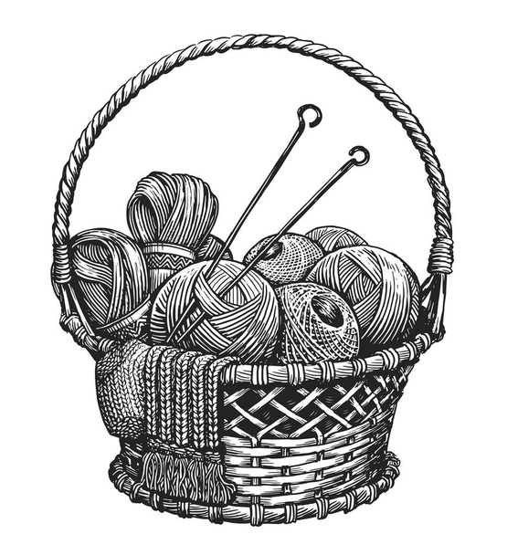 Balls of yarn in basket. Clews, skeins of thread, knitting needles. Tools female hobby handicraft sketch vintage vector - Vektor, kép