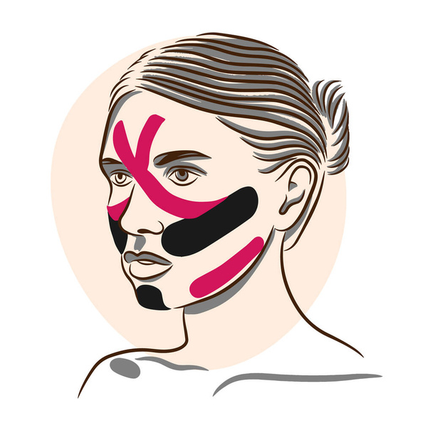 Taping technique, kinesiology facial taping, body care, vector illustration - Вектор,изображение